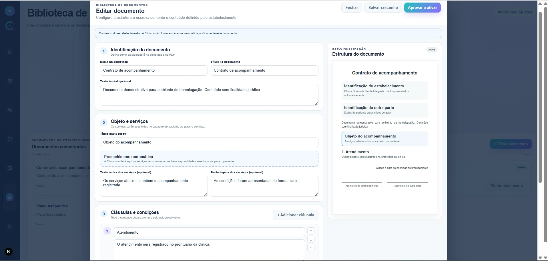 Área de contratos do Clinivus com edição e pré-visualização de documento