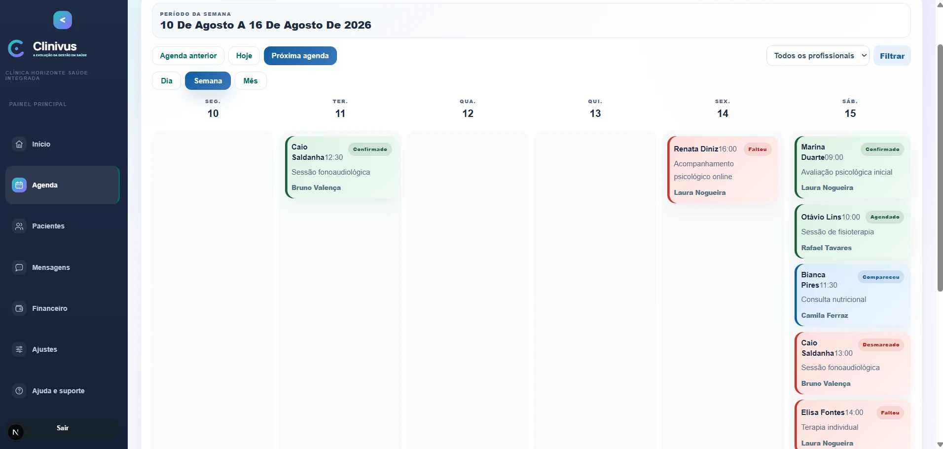 Agenda semanal do Clinivus com atendimentos organizados por dia e profissional