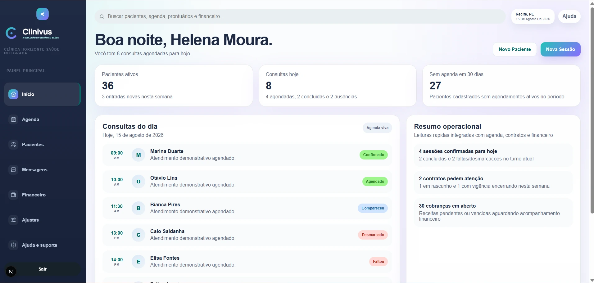 Dashboard do Clinivus com indicadores da clínica e consultas do dia