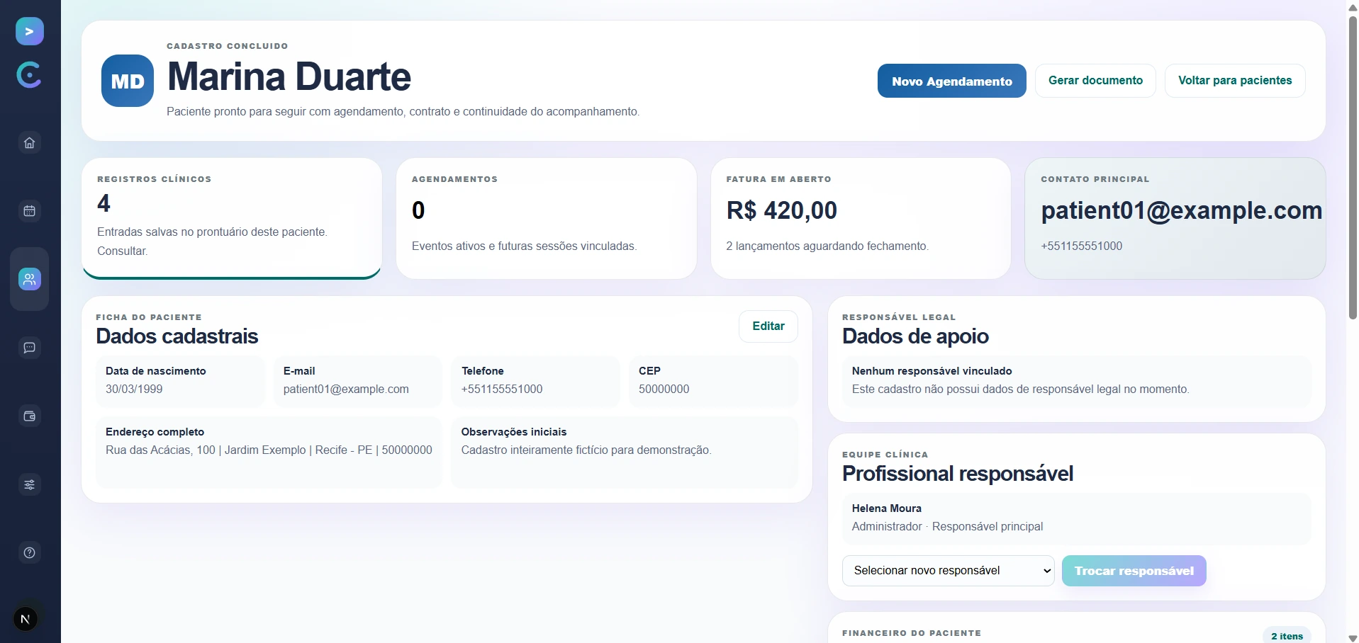 Perfil de paciente do Clinivus com dados cadastrais, equipe e informações financeiras